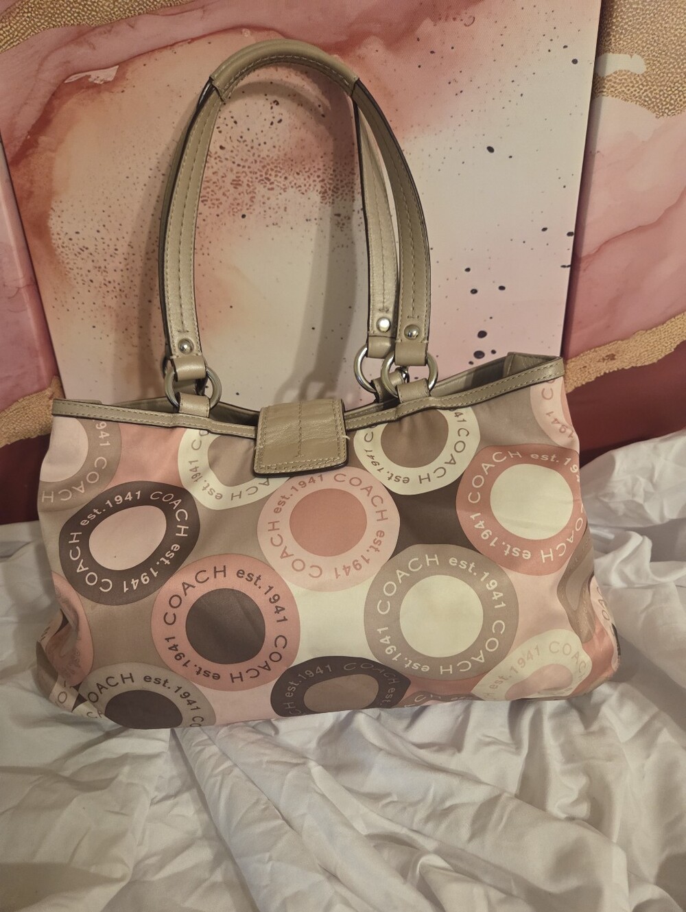 Coach F18805 Ashley Pink and Beige Signature Circle Print Shoulder Tote - Picture 2 of 12